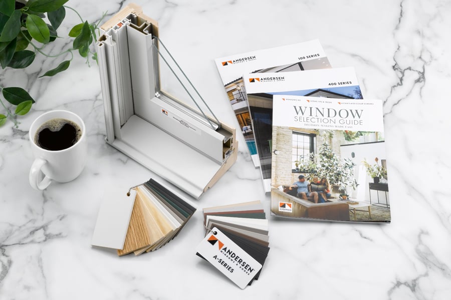 Visual of window and door selection guides, swatches, and a corner cut-out