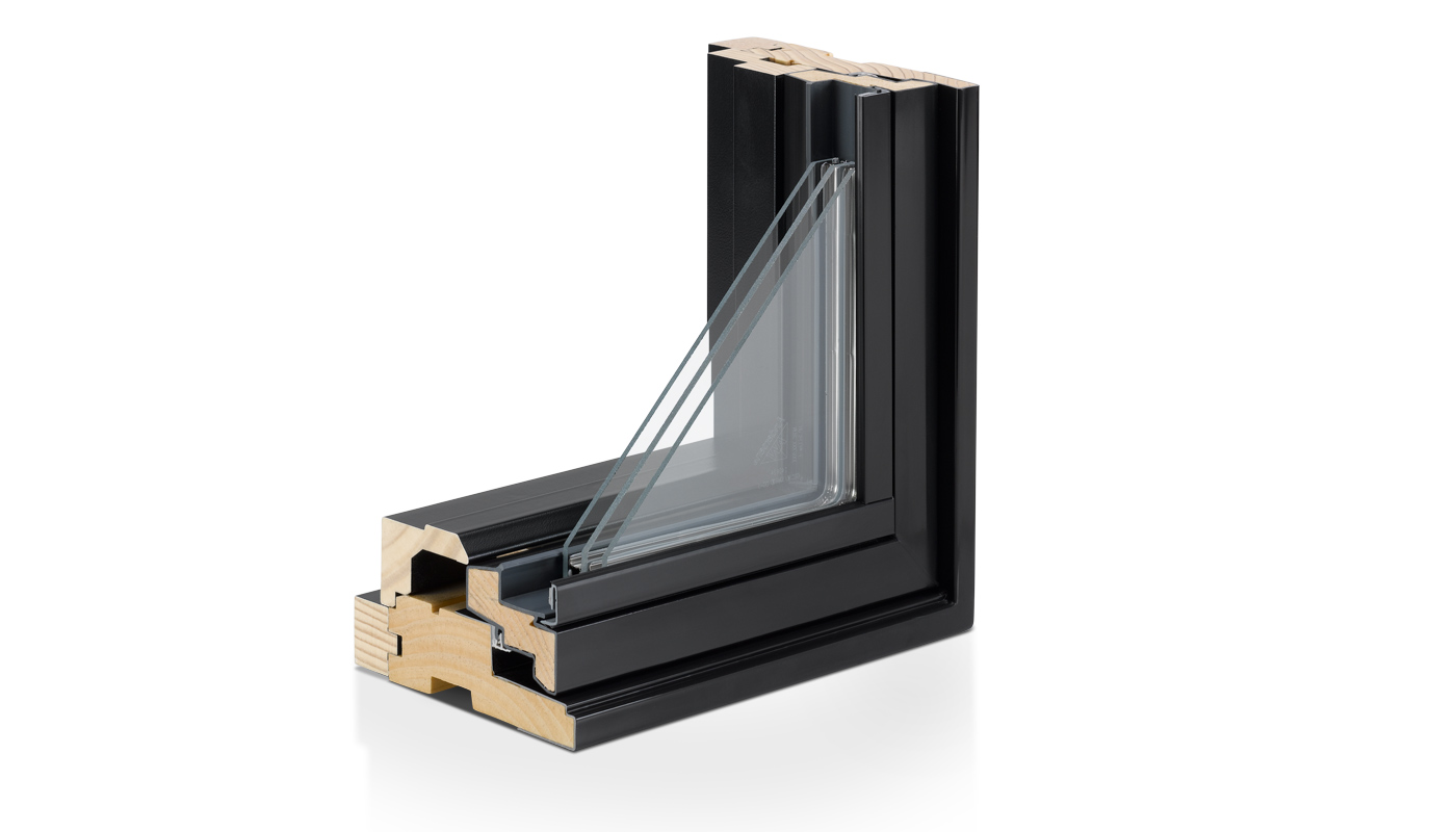 A corner section of an Andersen 400 Series Casement Window with contemporary profiles and a black frame.