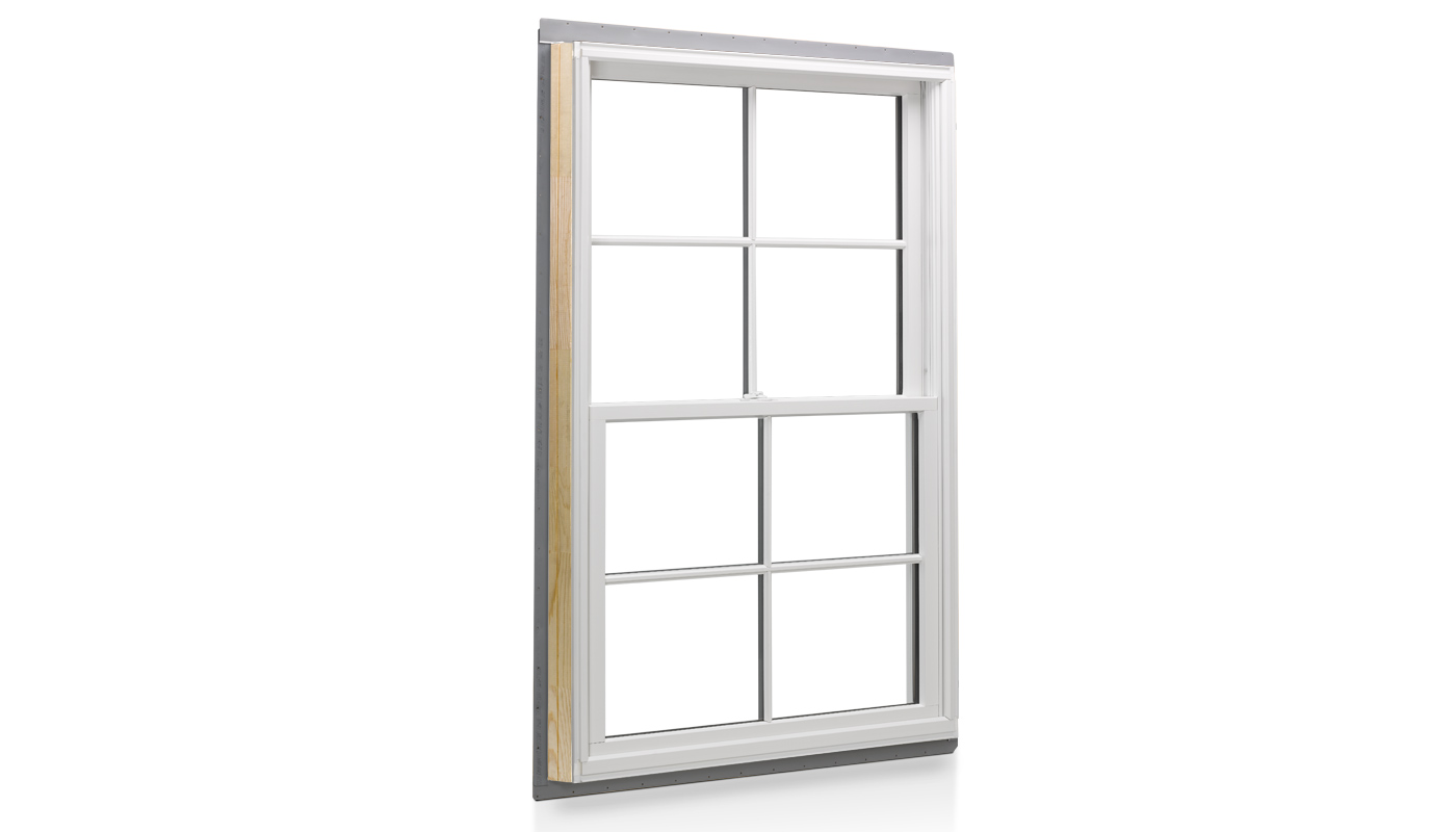 An Andersen® 400 Series Double-Hung Window with white frames, colonial grille pattern, and triple-pane glass.
