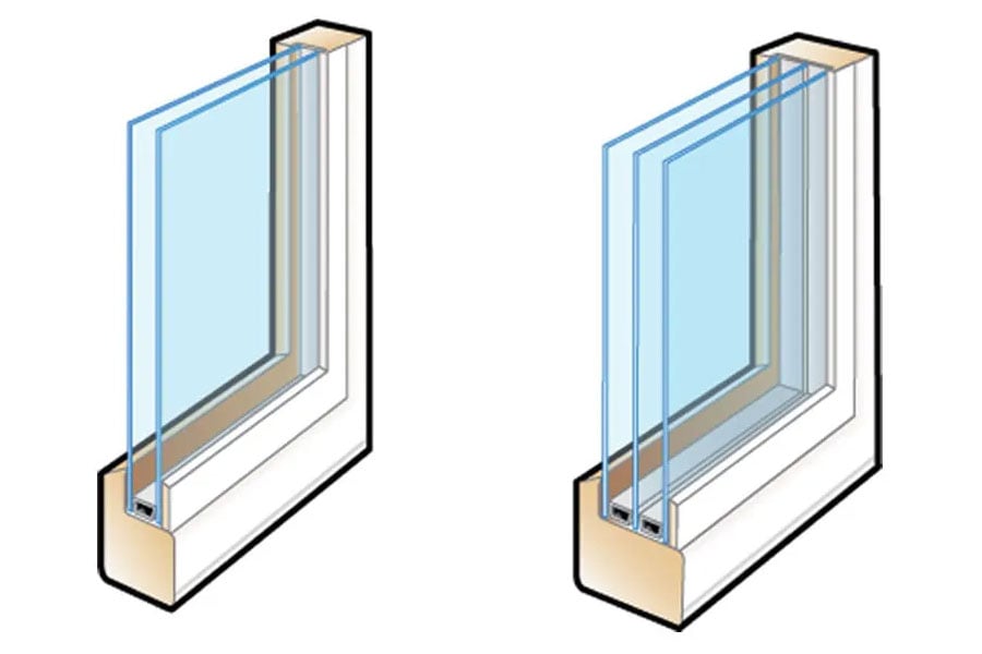 illustration of corner cut of triple pane blue glass