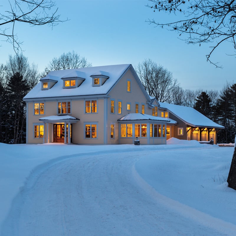 Midwest home at dusk in winter