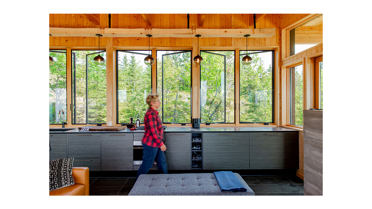person standing in kitchen with black framed andersen windows