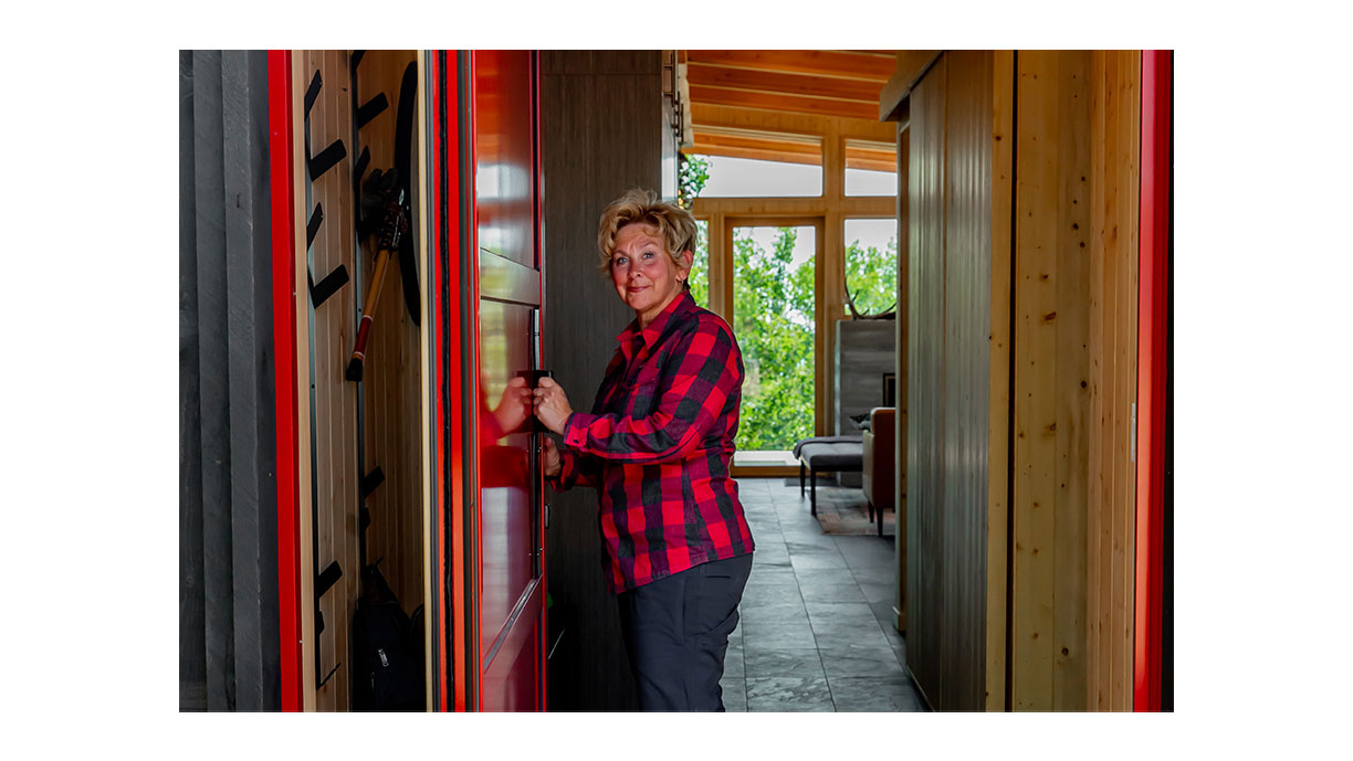 woman looking at camera in hallway