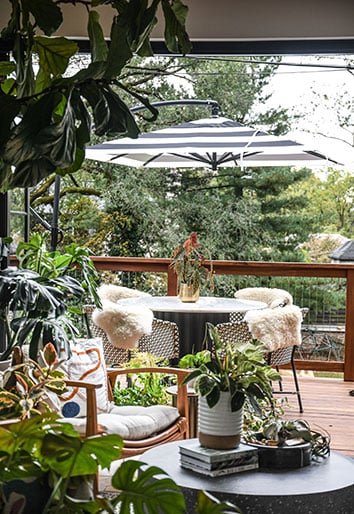 Hilton Carter sunroom with plants opening to outdoor patio with folding door