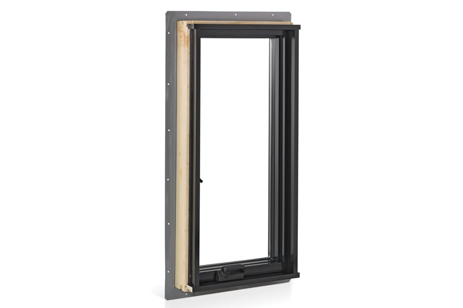 An Andersen flanged full-frame 400 Series Casement Window with contemporary profiles in black with a gray vinyl nailing fin that’s used to install the window and help protect the home against water when installed with water management flashing materials. 