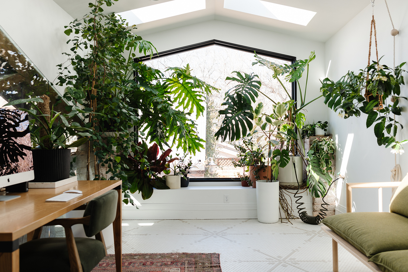 A lofted office space with tile floors, skylights, and a large collection of potted plants basking in the light from a peak pentagon shaped Andersen® A-Series Specialty Window.