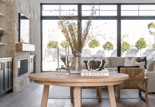 rustic design livingroom with black framed andersen windows