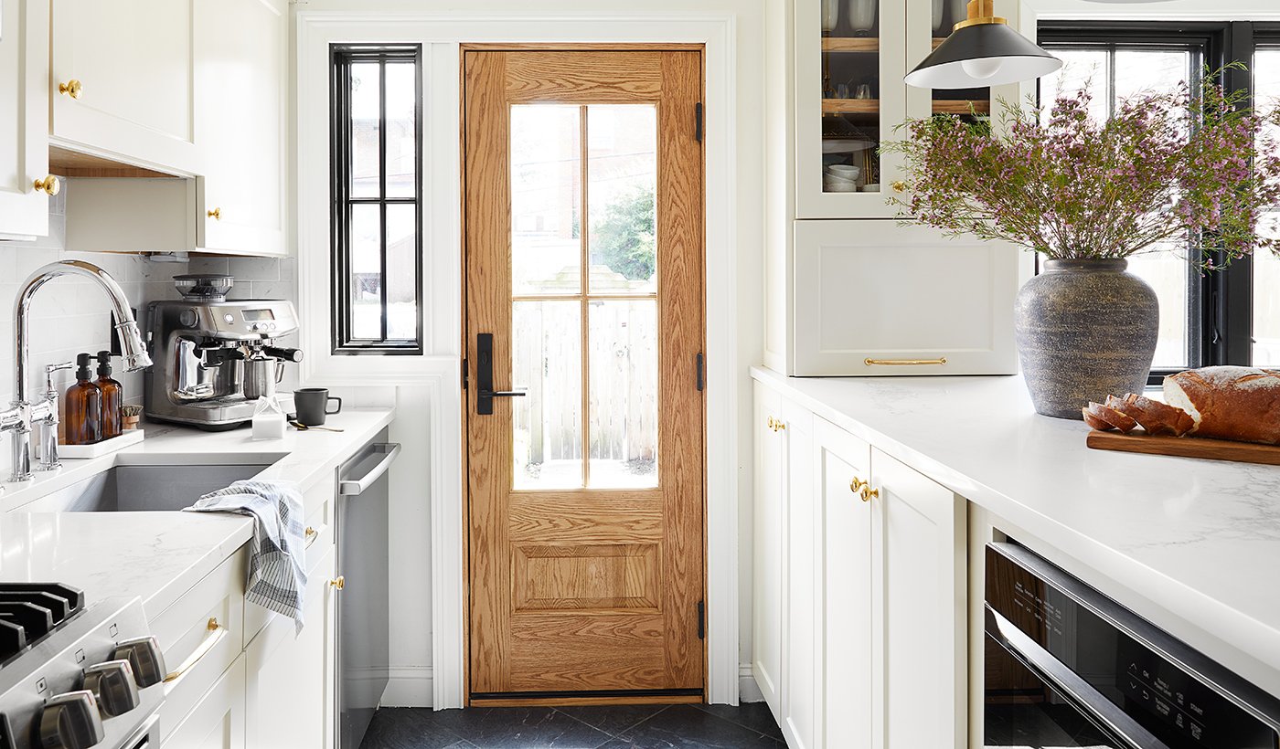 Straight Line 181 custom entry door with unfinished oak interior and exterior with custom grilles