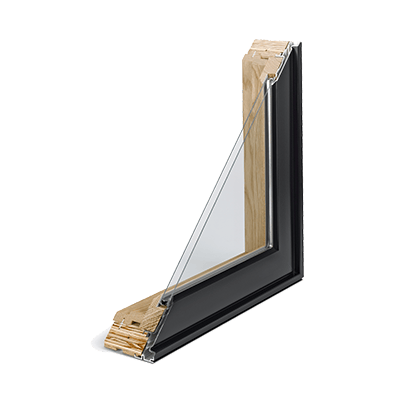 A corner section of an E-Series Casement Window with a black extruded-aluminum-clad exterior and white oak interior.