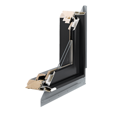 A corner section of an A-Series Casement Window with a black painted interior and black fiberglass-composite exterior.