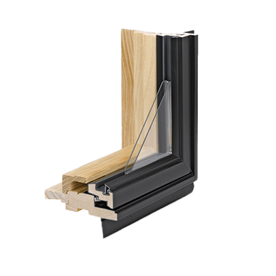 A corner section of a black 400 Series Casement Window with contemporary profiles and a Perma-Shield cladding on the exterior.