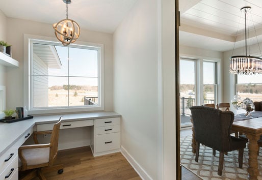 working desk area with white framed 200 series andersen windows