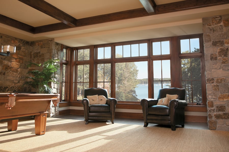 A-Series Casement Windows, Pine Interior, Specified Equal Light Grille Pattern (2 wide x 2 tall), Transom and Picture Windows