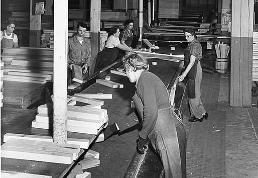 assembly line in black and white