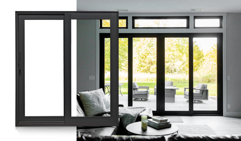 andersen black framed gliding patio door and livingroom with product