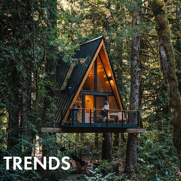 A-frame treehouse with "trends" text overlay