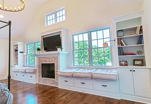 white living room with white framed Andersen windows
