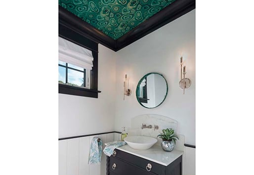 statement ceilings in bathroom with black framed Andersen windows