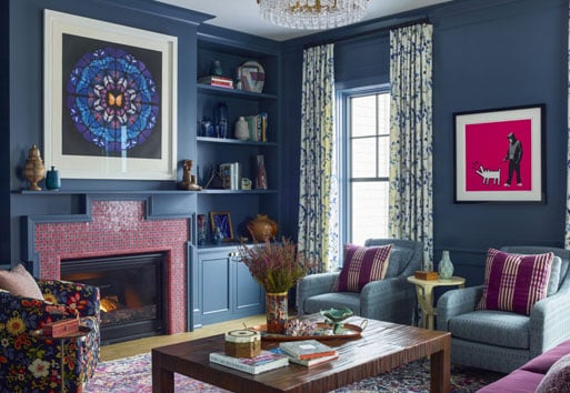 navy traditional living room with white frames Andersen windows