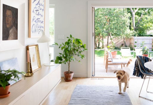 living room with Andersen patio sliding door open and dog running in