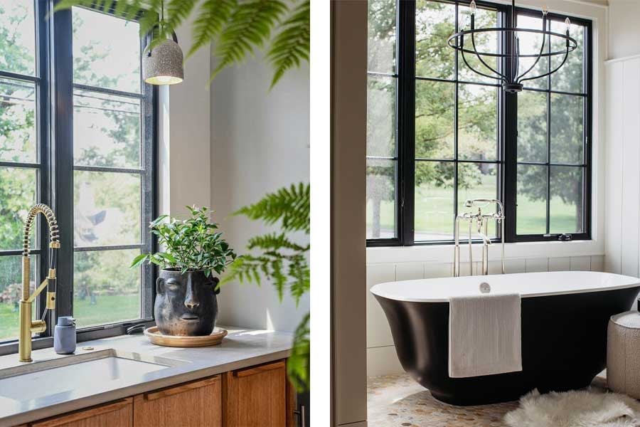 Black-framed Andersen windows above a kitchen sink and above a bathtub.