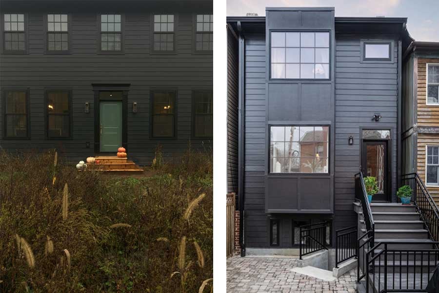 A black Colonial home with black Andersen windows to match and a modern rowhouse with a black exterior and black Andersen windows.