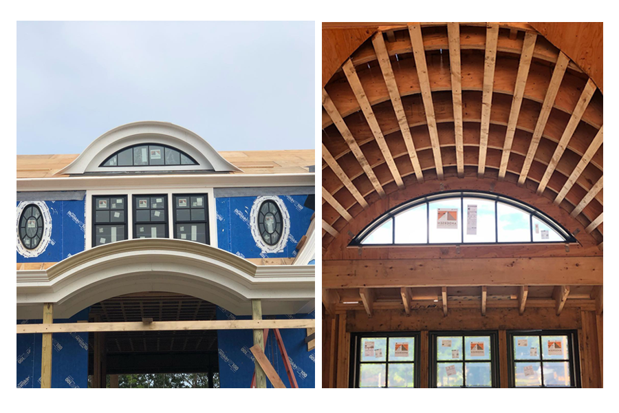 The exterior and interior view of a new construction home featuring an eyebrow dormer Andersen window
