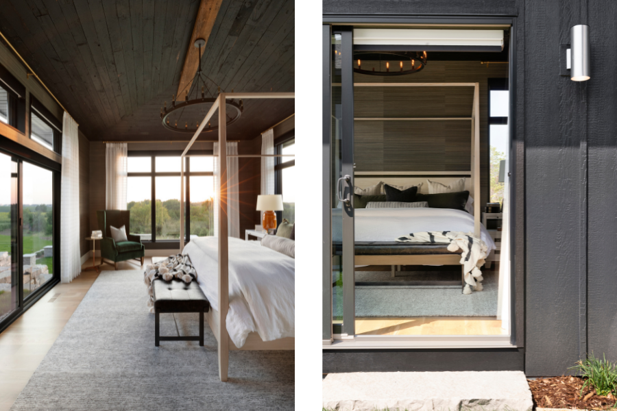 Left: a bedroom is connected to the patio and rolling landscape outside via a sliding door; Right: an open sliding door lets light and fresh air into this bedroom