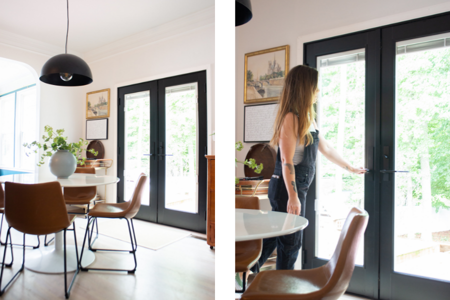 Left: Cass Smith of Cass Makes home opens the black-framed hinged doors connecting to her deck; Right: Black-framed hinged doors are the perfect solution for connecting this dining room and deck