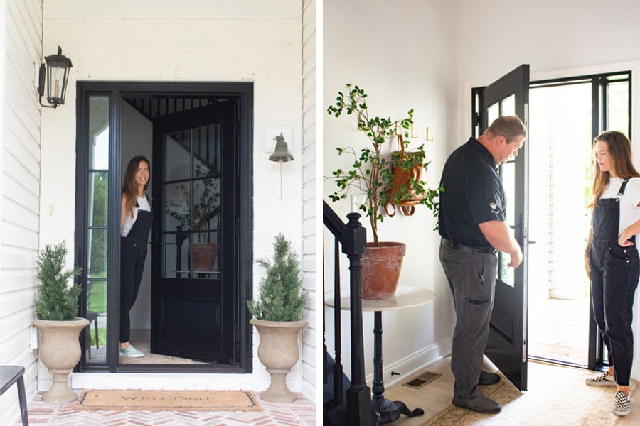 Cass Smith opens her new front door on the left, while a contractor shows Smith a feature of her new front door on the right.