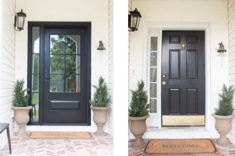 Before and after of Cass Smith's exterior with new Andersen residential entry door with glass