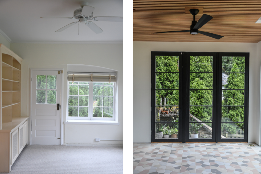 Left: Hilton Carter’s sunroom featured two windows and a door pre renovation   Right: Hilton Carter’s sunroom post renovation features two floor-to-ceiling windows and a full glass door to match 