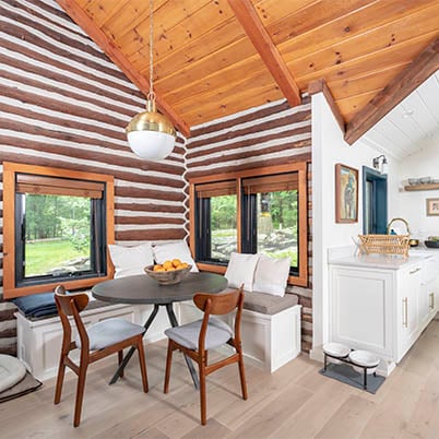 Upstate New York Modern Log Cabin Evan and Zosia Dining Room 400 Series Casement Windows
