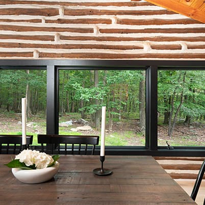 Upstate New York Modern Log Cabin Evan and Zosia Dining Room 400 Series Picture Windows