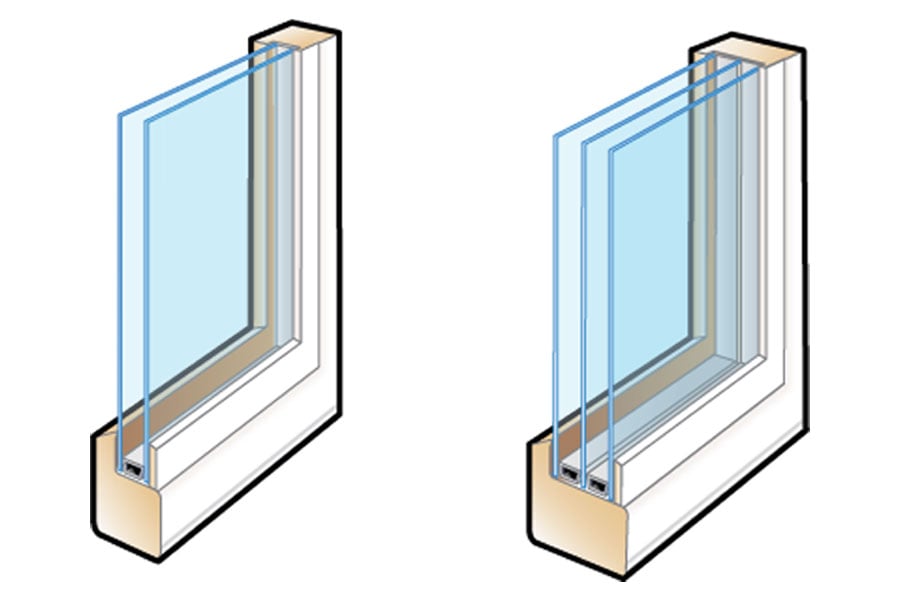 An illustration showing corner sections of both dual-pane window and a triple-pane windows. 