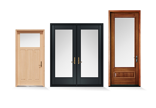 Three different front doors of varying sizes including: a standard size, single-panel front door made of natural wood; a black double-door with full glass panels; and a tall dark wood door with ¾ glass panel.