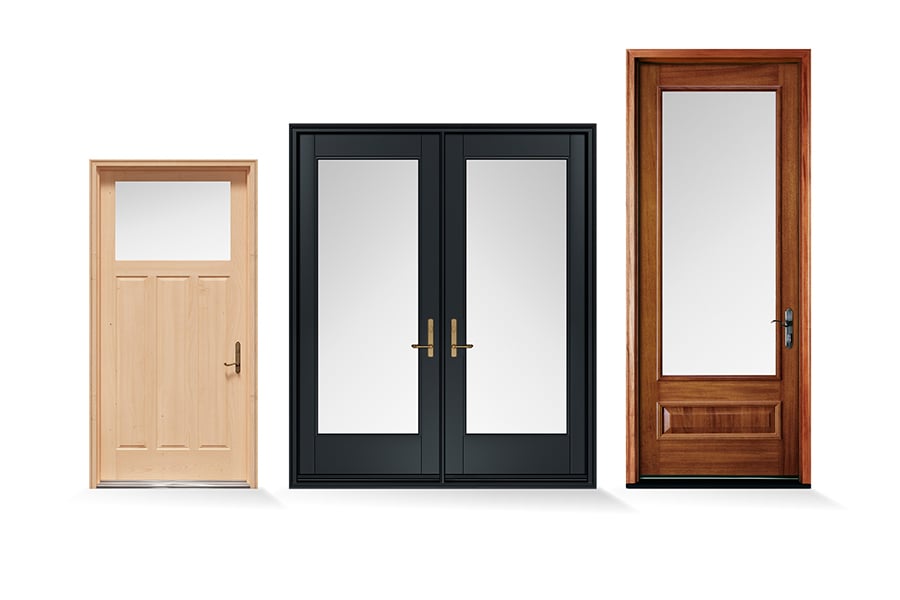Three different front doors of varying sizes including: a standard size, single-panel front door made of natural wood; a black double-door with full glass panels; and a tall dark wood door with ¾ glass panel.