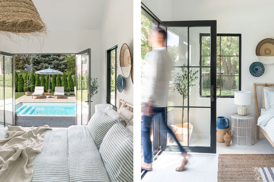 Open hinged patio doors connect a bedroom with the pool outside