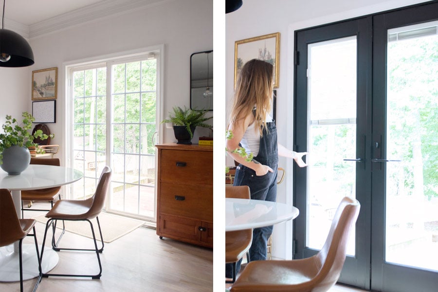 Cass Smith’s old patio door was a glider with white colonial grilles. Her new patio door is black with blinds-between-the-glass and contemporary hardware