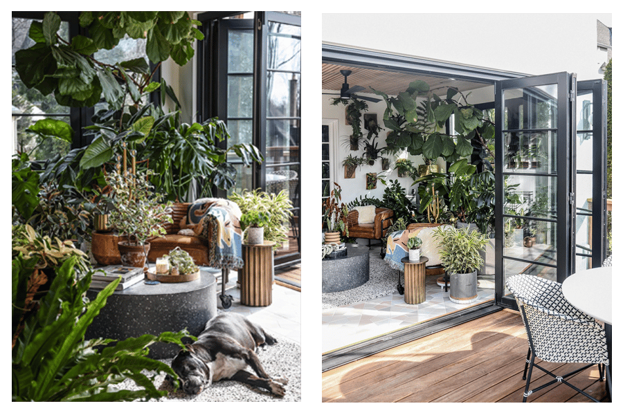 A Folding Outswing door opens the plant-filled sunroom to the adjoining deck  
