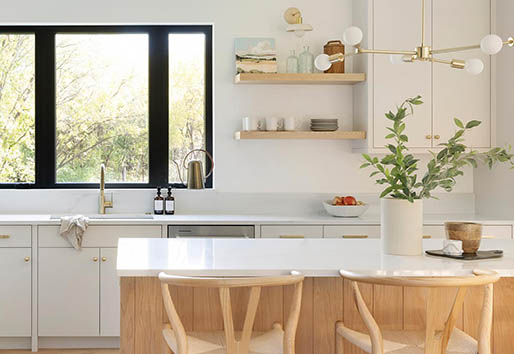 White and wood kitchen with modern statement black window