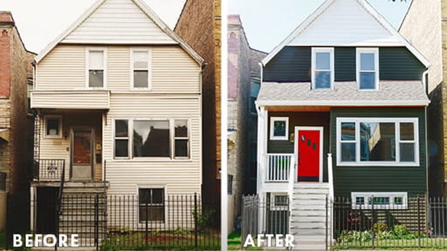 side by side image of before and after of home with andersen replacement windows