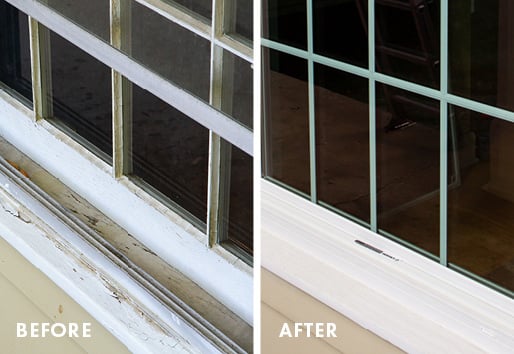 closeup of window sill showing wear, then after with new andersen window replacement