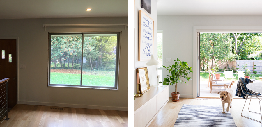 A before photo shows a dark living room with a standard door and sliding window and an after photo shows a bright and airy room with open bi-folding doors and window replacing the door. 