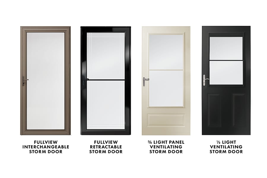 The four styles of storm doors offered by Andersen are pictured, including the Fullview Interchangeable with a full glass panel, Fullview Retractable with a retractable screen, ¾ Light Panel Ventilating, and ½ Light Ventilating.