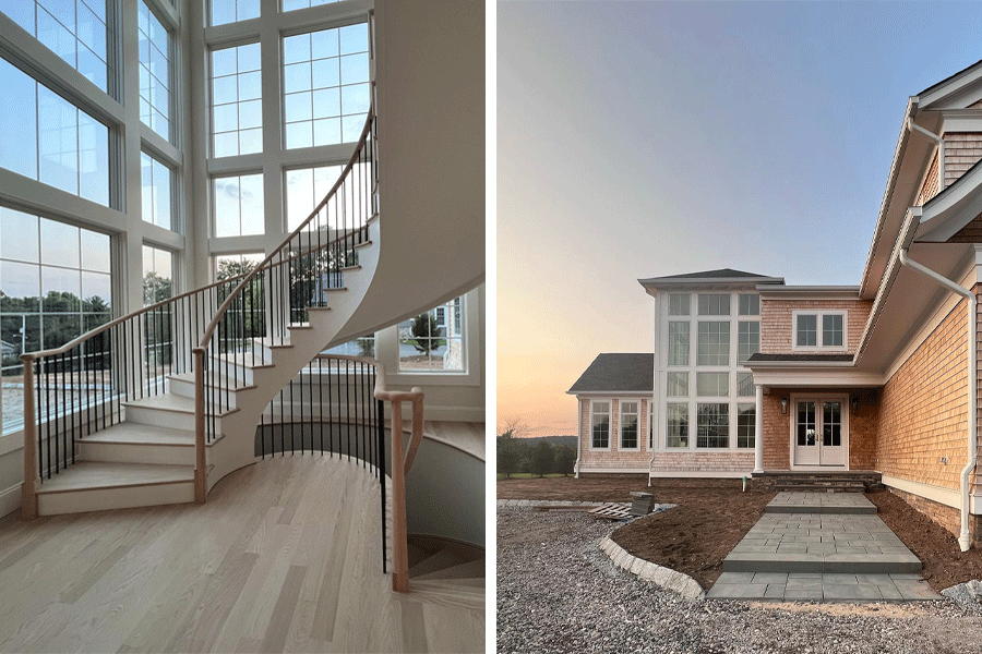 On the left, a curved staircase in a tower full of windows and on the right, a view of the home from the outside where the stair tower really stands out.