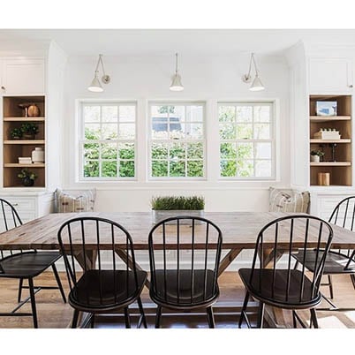 White windows in dining room with dark accents