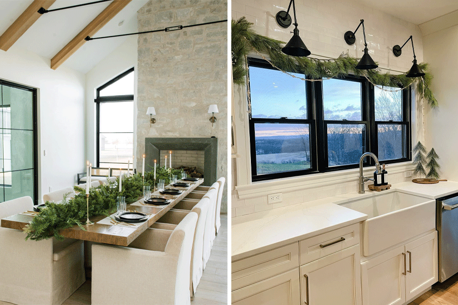 On the left, a dining room with black windows, stone fireplace and a long dining room decorated with garland and candles. On the right, a kitchen with three black windows hung with garland for Christmas. 