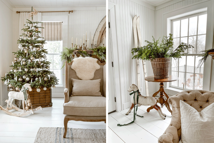 On the left, a living room with the Christmas tree in the corner and a rocking horse underneath. On the right a corner with a window, table and Christmas décor items. 