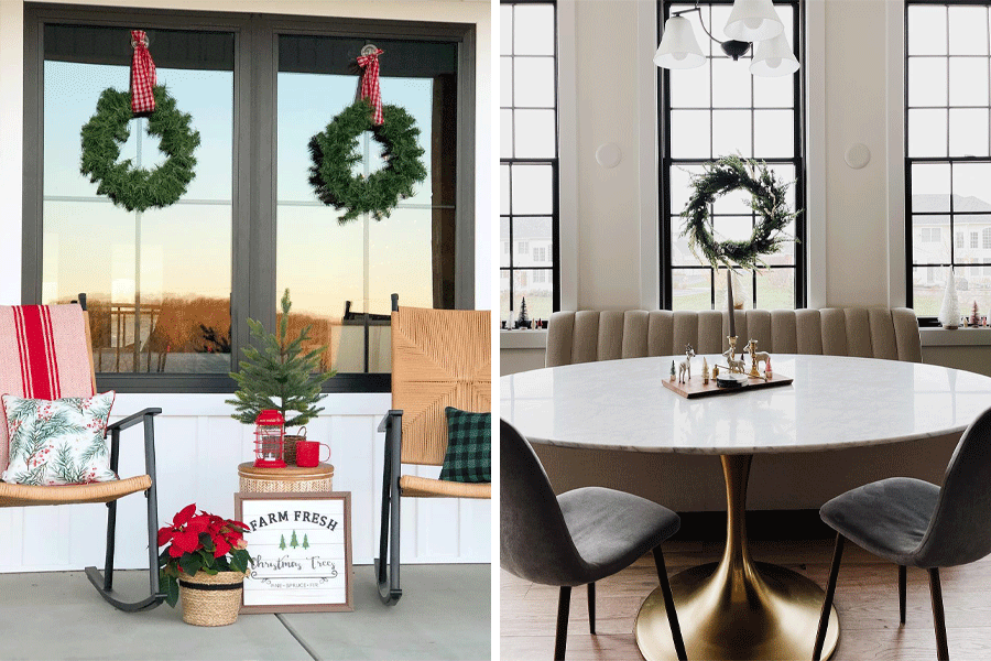 On the left, a porch with two rocking chairs in front of the black windows and Christmas décor items, including wreaths, poinsettia, and small Christmas trees. On the right, a dining room with marble-topped table facing three black windows with grilles and a wreath for decoration.